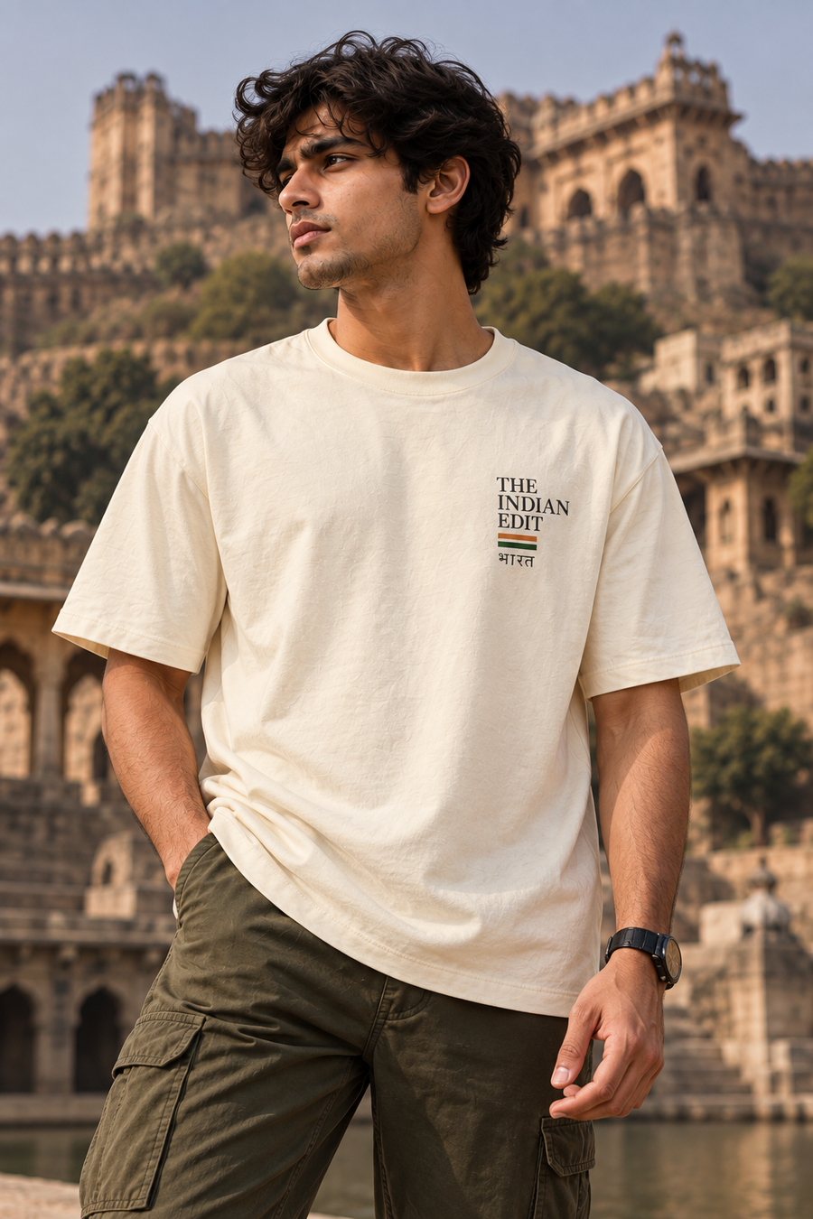 The Indian Edit ivory T-shirt front view on model