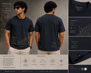 A promotional layout for a Weclothes t-shirt collection showing a male model from the front and back wearing a dark navy graphic tee, alongside a close-up of the shirt collar and a design spec panel. The shirt features a subtle celestial map print and text reading 'ORIGINS' and 'WECLOTHES'.