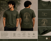 A promotional collage for a dark olive green t-shirt by WeClothes, showing a male model from the front and back wearing the shirt with a tree graphic, alongside close-up detail panels of the collar, sleeve cuff, and the back print.