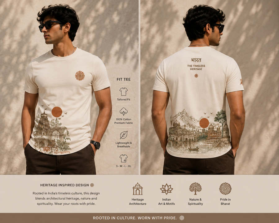 Regular fit Bharat Timeless Heritage T-shirt front and back model mockup