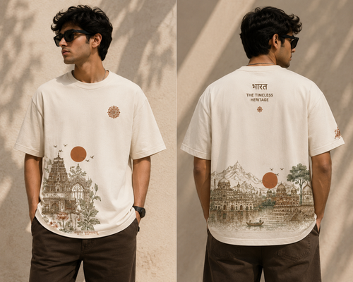 Bharat Timeless Heritage oversized T-shirt front and back model mockup