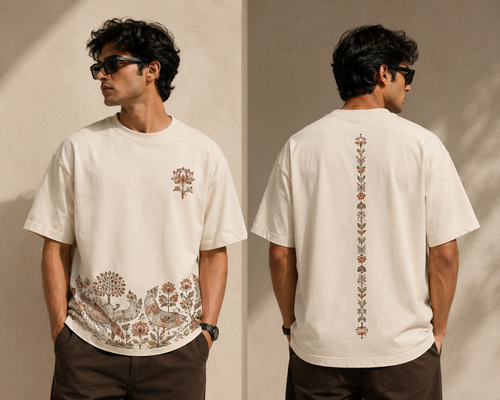 Mithila-inspired oversized T-shirt front and back mockup