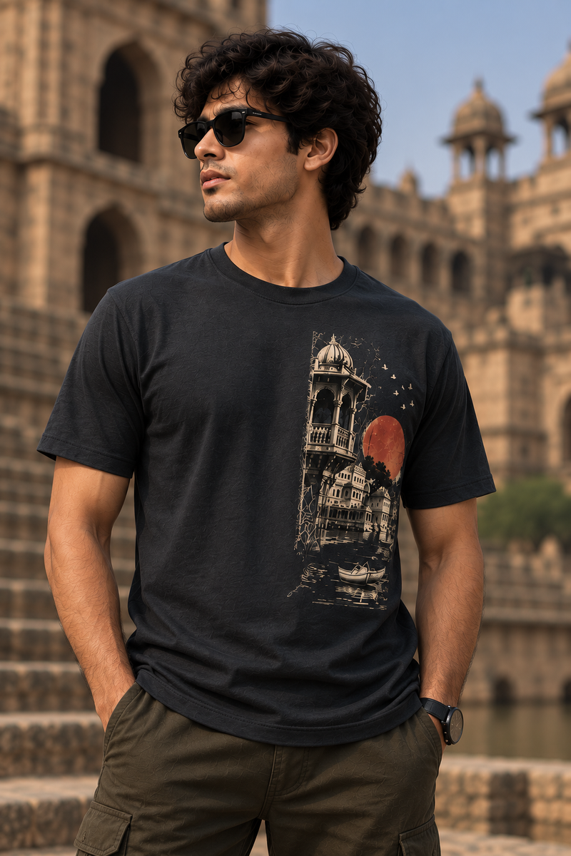 The Indian Edit charcoal T-shirt front view on model