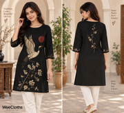 WeeCloths black women's kurti with crane and floral heritage print, front and back view