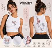 A promotional composite for a white cropped tank top by WeeCloths, shown on a model from the front and back. The top features a pink butterfly graphic and the phrase 'same girl, different mood' with 'good things take time.
