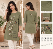 WeeCloths ivory short kurti with Indian heritage elephant and floral artwork, front and back view on model