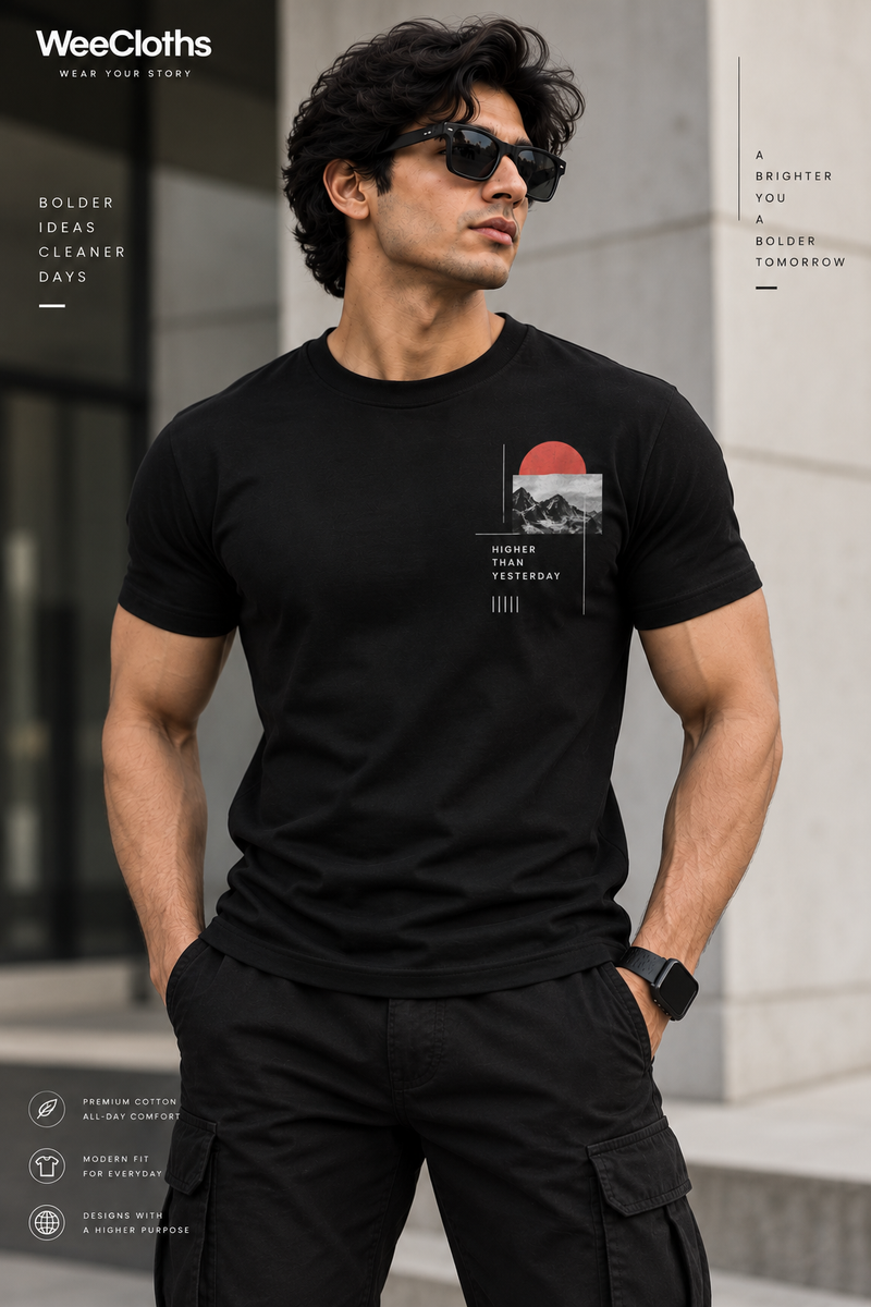 WeeCloths Higher Than Yesterday fitted black T-shirt front view