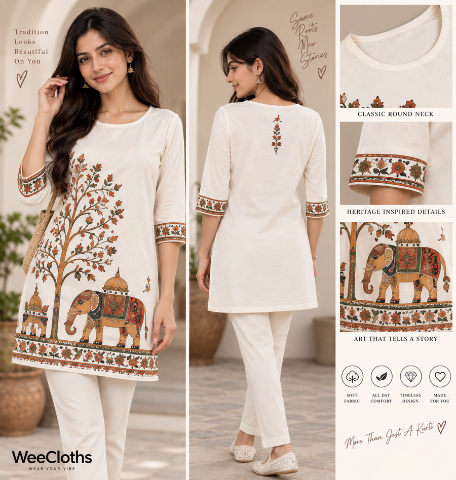 WeeCloths olive green women's kurti with botanical floral and bird print, front and back view