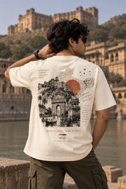The Indian Edit ivory T-shirt back view on model